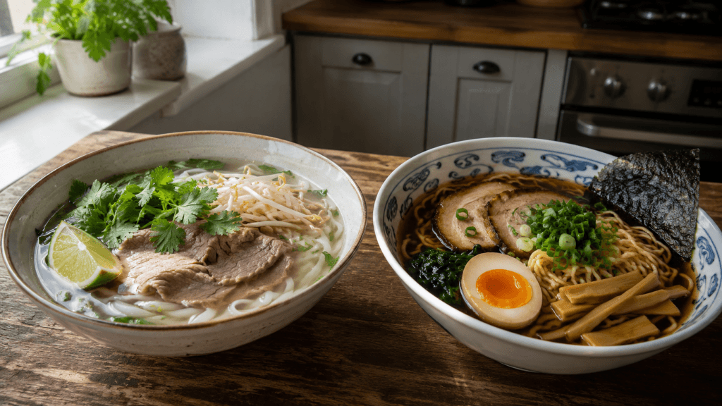 Zwei Schalen Pho und Ramen in einer Küche