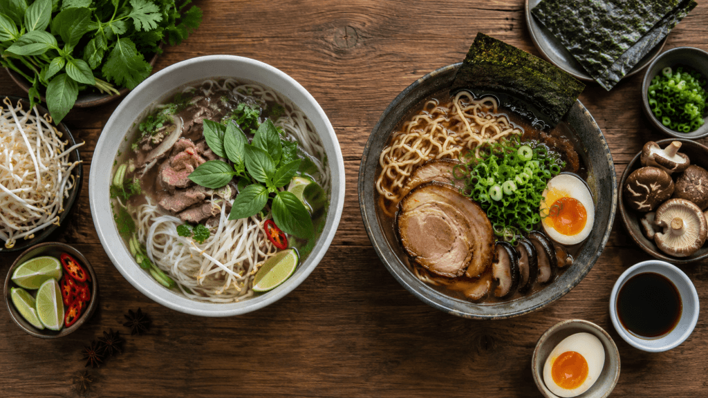 Unterschied zwischen Pho und Ramen mit klarer Pho-Brühe, Reisnudeln, dunkler Ramen-Brühe und typischen Toppings