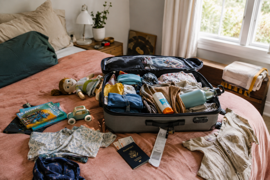 Gepackter Koffer mit Kinderkleidung und Reisedokumenten für den Urlaub mit Kindern
