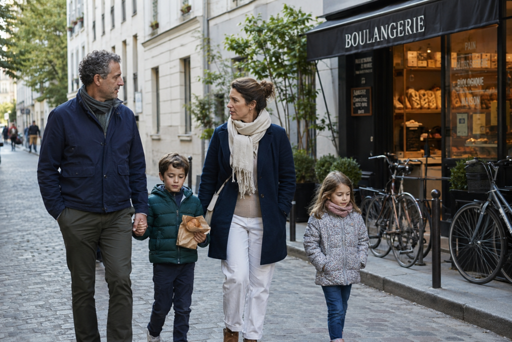 Familie mit Kindern spaziert im Urlaub durch eine ruhige Stadtstraße
