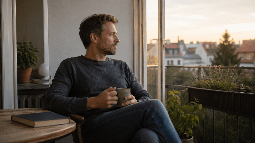 Mann sitzt mit Tasse am offenen Fenster und denkt über Veränderung, Alltag und einen besseren Rhythmus nach.