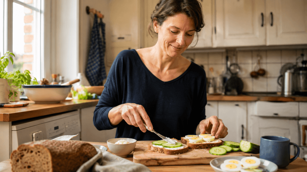 Leichtes Frühstück mit Vollkornbrot, Frischkäse, Gurke und gekochtem Ei