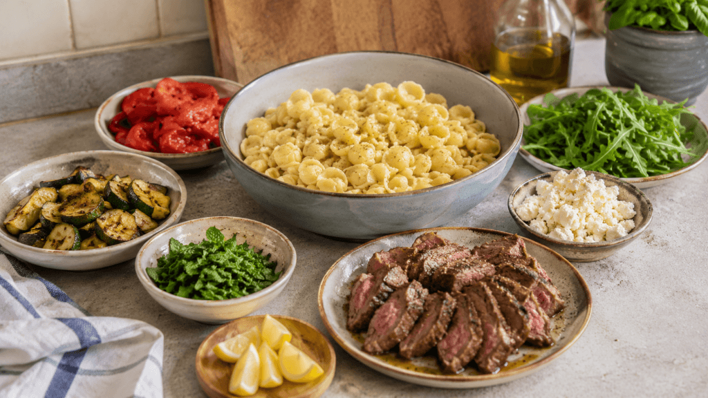 Warmer Nudelsalat nach Jamie-Oliver-Art mit Lamm, Pasta, Rucola, Feta und geröstetem Gemüse