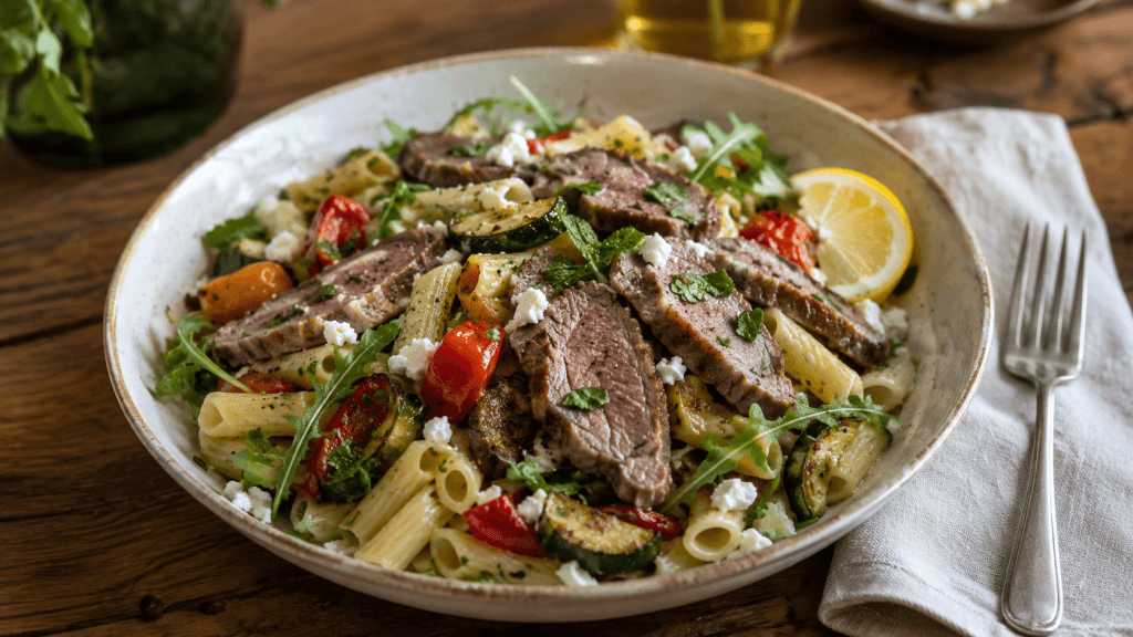 Warmer Nudelsalat mit Lamm, Zucchini, Paprika, Rucola, Feta und Kräutern