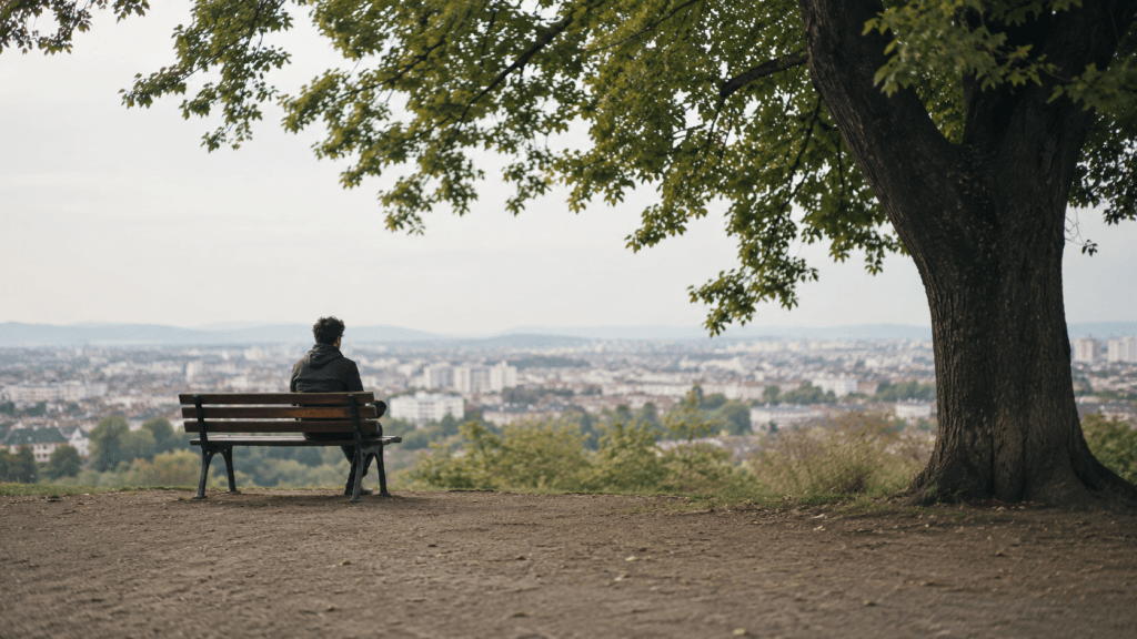 Person allein auf einer Bank als Symbol für einen ehrlichen Blick auf mich selbst
