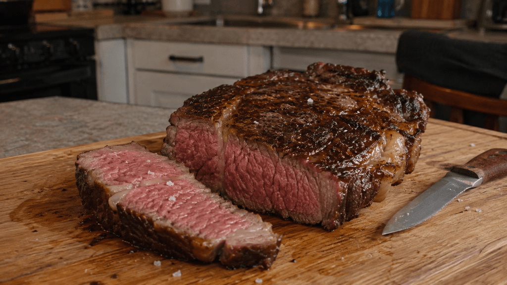 Saftiges Rib-Eye-Steak mit rosa Mitte und gebräunter Kruste