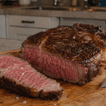 Saftiges Rib-Eye-Steak mit rosa Mitte und gebräunter Kruste