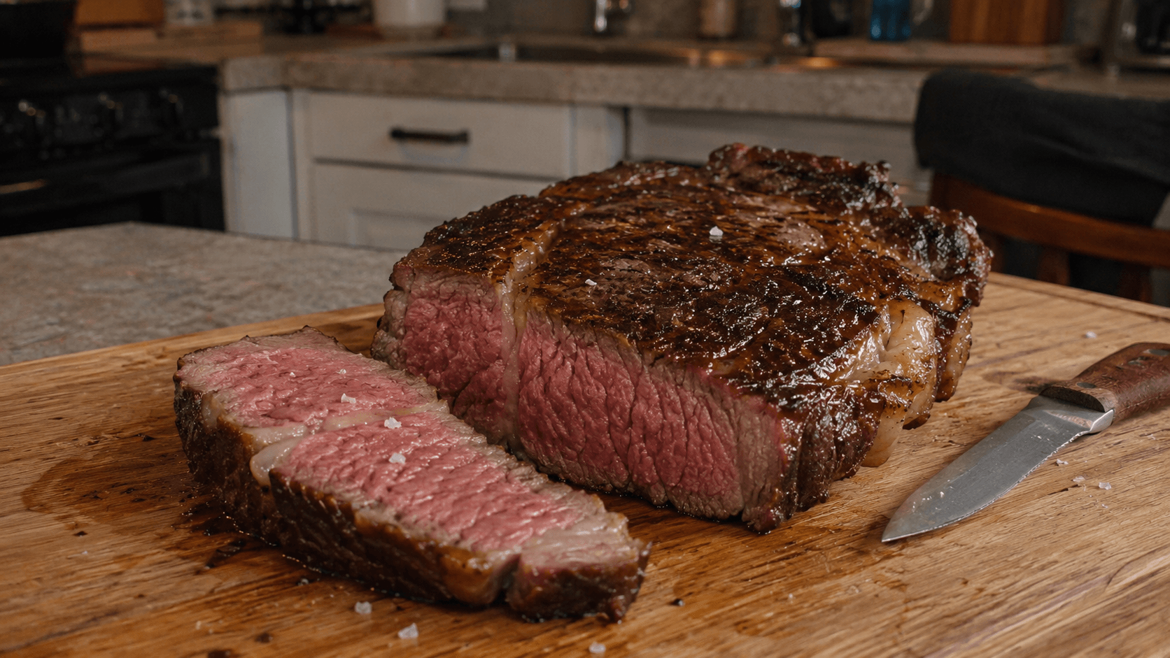 Saftiges Rib-Eye-Steak mit rosa Mitte und gebräunter Kruste