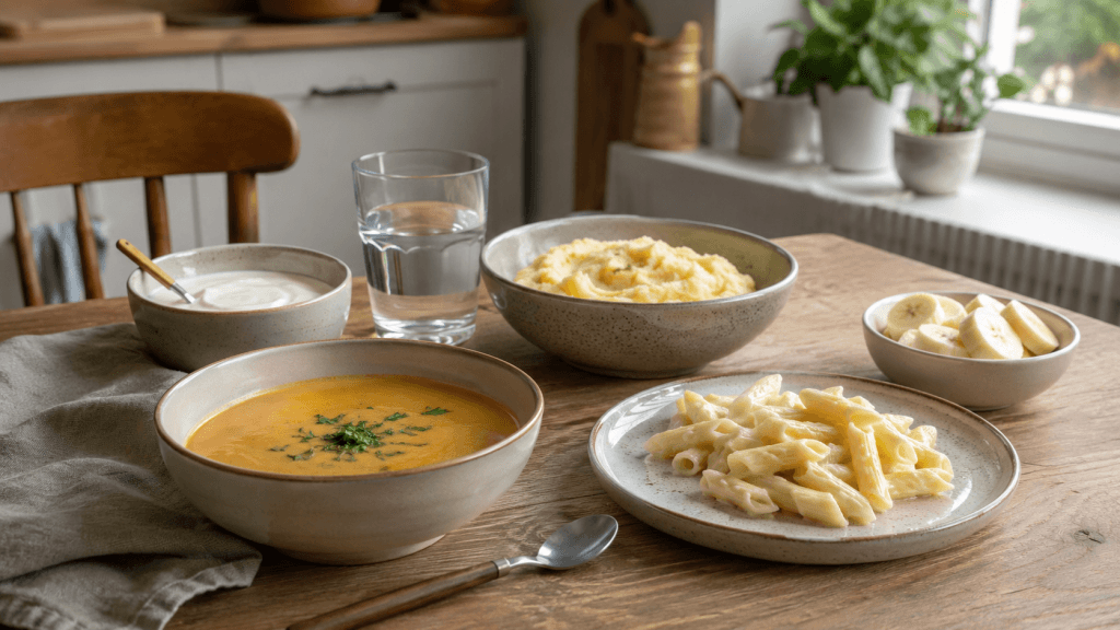 Weiche Speisen für feste Zahnspange mit Suppe, Joghurt, Kartoffelpüree und Pasta