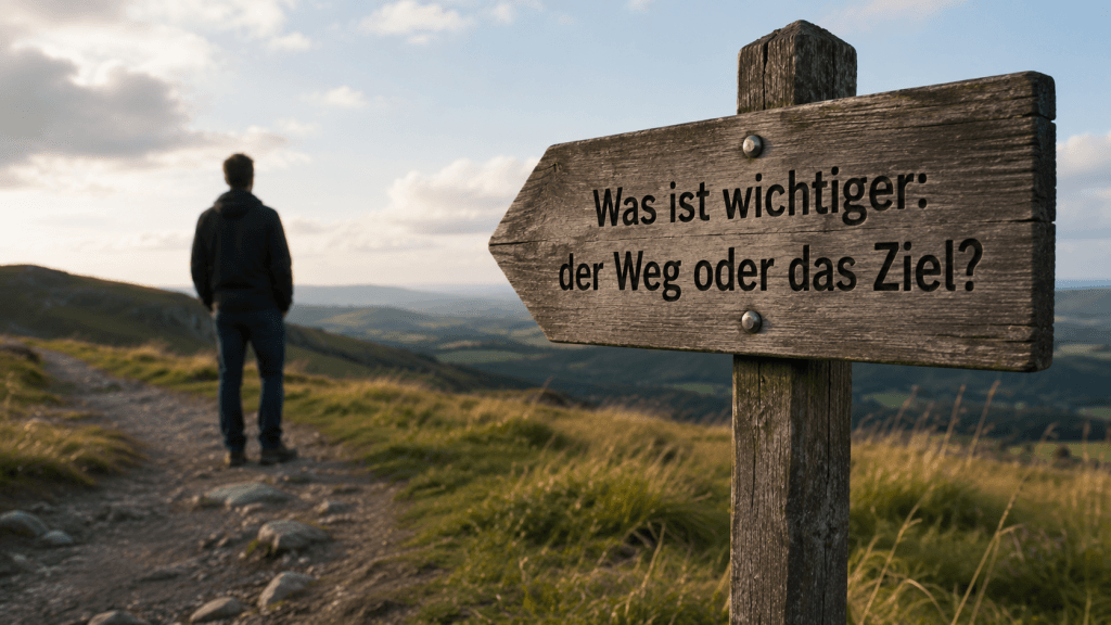 Wegweiser mit der Frage Was ist wichtiger der Weg oder das Ziel in einer Landschaft