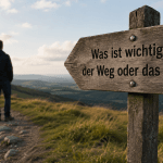 Wegweiser mit der Frage Was ist wichtiger der Weg oder das Ziel in einer Landschaft