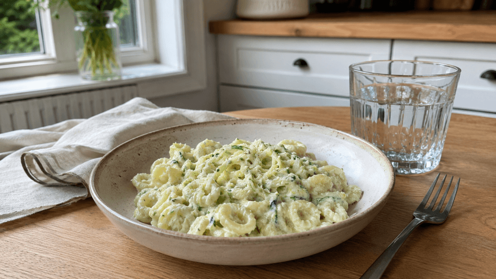 Weiche cremige Pasta mit Ricotta und fein geriebener Zucchini