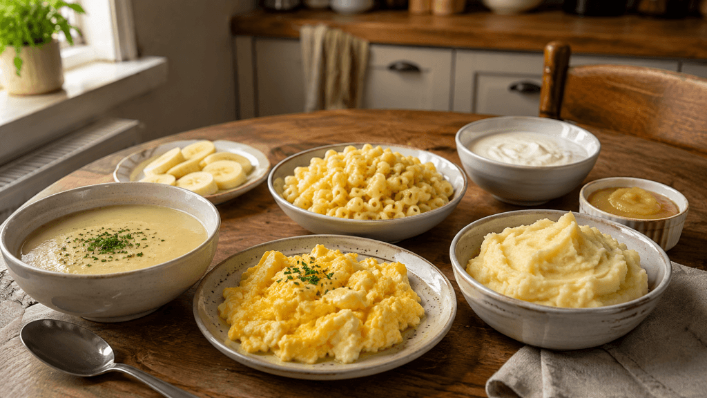 Weiche Speisen bei fester Zahnspange auf einem Küchentisch mit Suppe, Püree, Pasta und Joghurt