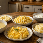 Weiche Speisen bei fester Zahnspange auf einem Küchentisch mit Suppe, Püree, Pasta und Joghurt