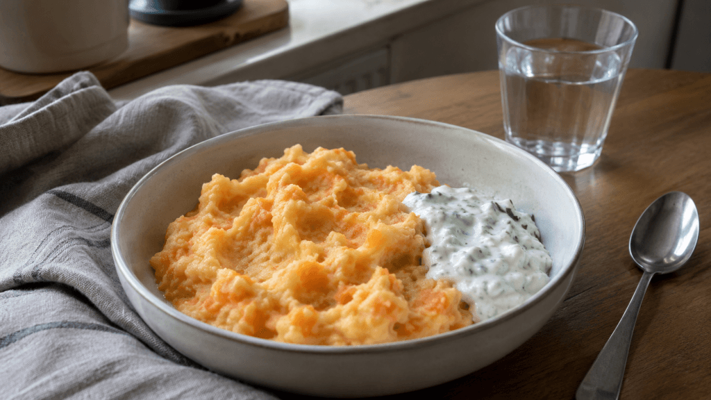 Kartoffel-Möhren-Stampf mit Kräuterquark als weiche Speise für feste Zahnspange