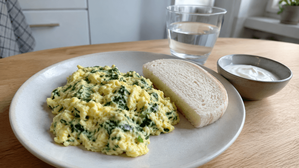 Weiches cremiges Rührei mit Spinat und softem Brot