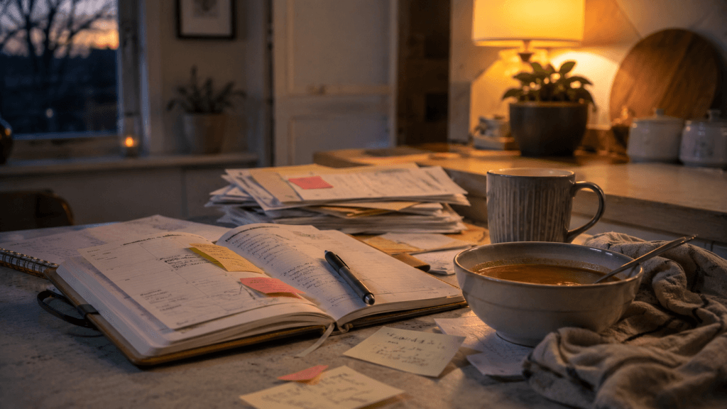 Unruhiger Küchentisch mit offenem Planer, Papieren, Tasse und Suppe nach einem vollen Tag.