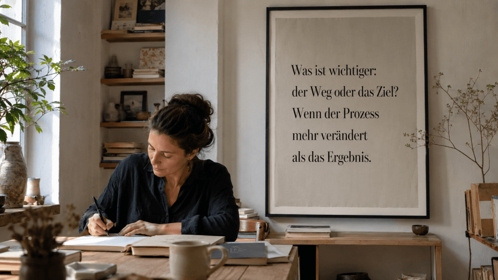 Frau in kreativem Raum neben Poster ueber Weg Ziel Prozess und Ergebnis