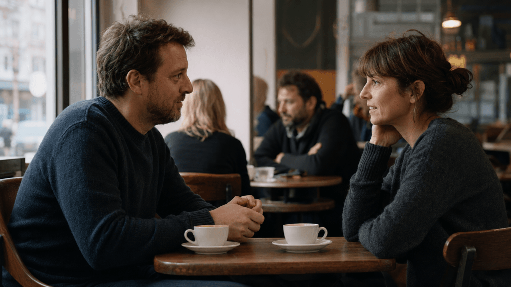 Wie frage ich nach einem Date: Mann spricht mit einer Frau in einem Café