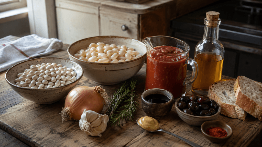 Zutaten für Baked Beans Rezept mit weißen Bohnen, Tomatensauce, Zwiebel, Knoblauch, Senf, Sirup und Kräutern