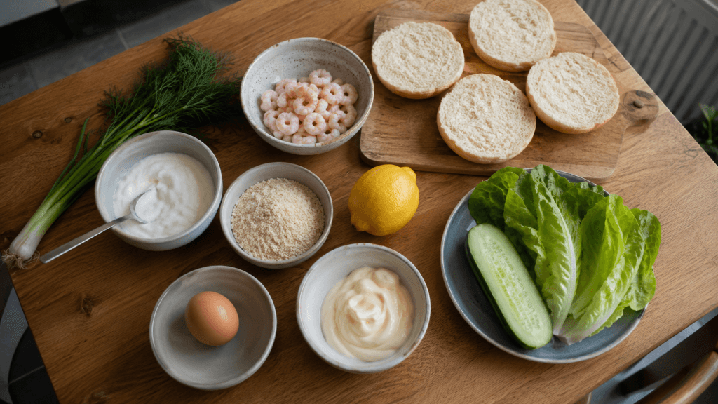 Frische Zutaten für Krabben Burger mit Garnelen, Dill, Zitrone, Gurke, Salat und Burgerbrötchen