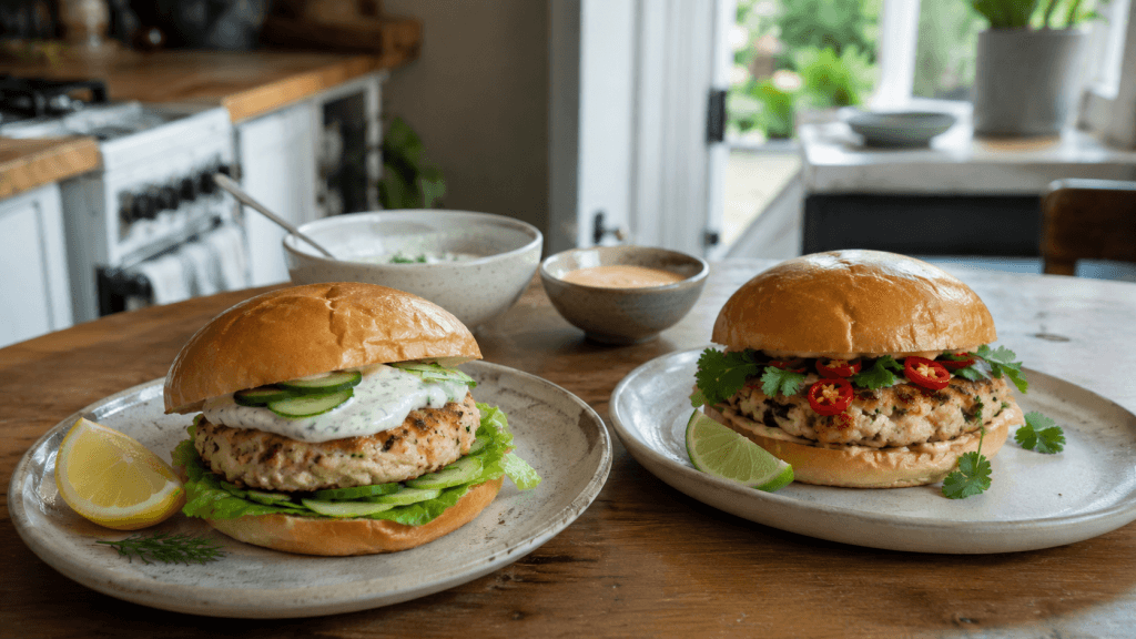 Zwei hausgemachte Krabben Burger auf Tellern, einer mit Dill-Sauce und Gurke, einer mit Chili und Koriander