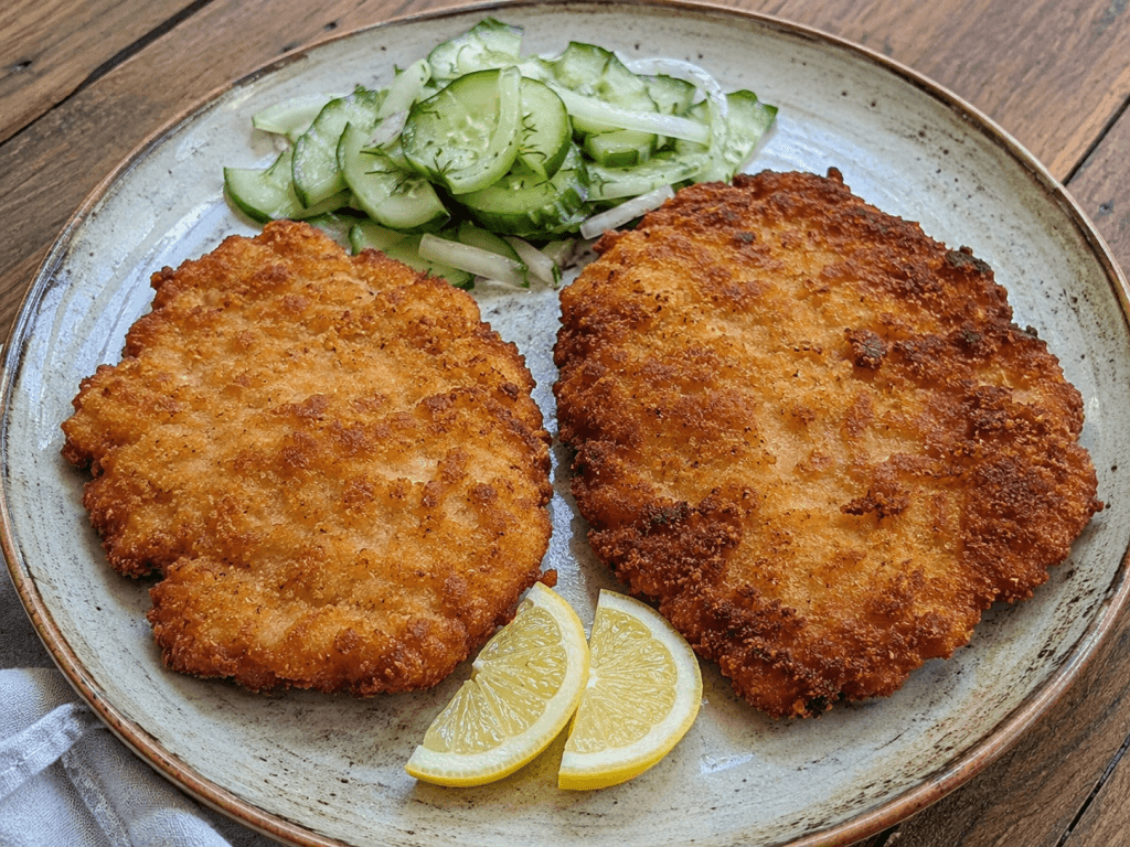 Zwei Schweinerücken Schnitzel mit Gurkensalat und Zitronenscheiben auf rustikalem Teller