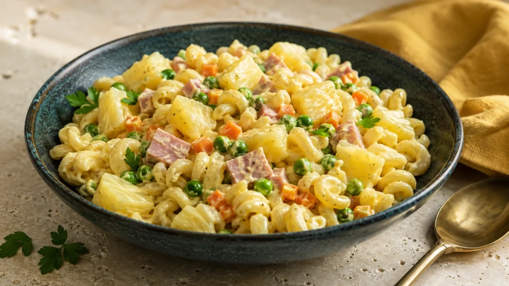 Ananas-Curry-Nudelsalat mit Erbsen, Möhren und Schinken