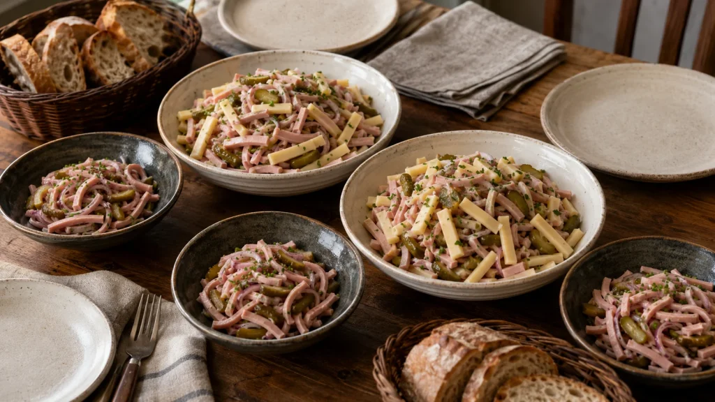 Fünf Portionen Badischer und Elsässer Wurstsalat mit und ohne Emmentaler.