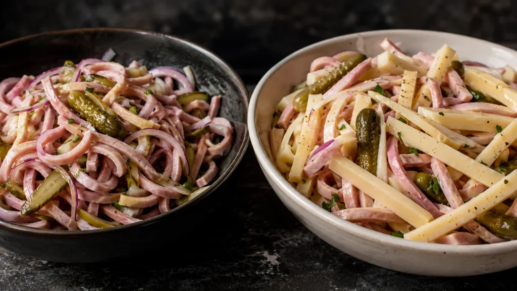Zwei Wurstsalate im direkten Texturvergleich