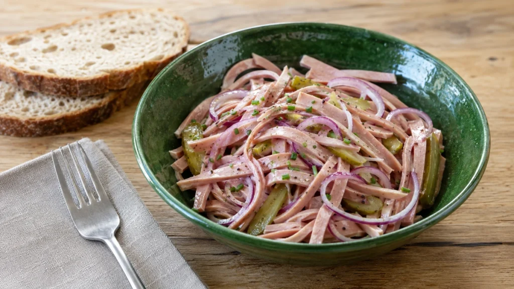 Badischer Wurstsalat mit Lyoner, Gurken, roten Zwiebeln und Schnittlauch