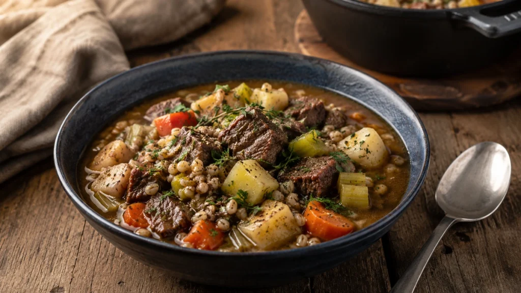 Herbstlicher Eintopf mit Angus-Rind, Bayerischem Reis, Kartoffeln, Möhren und Lauch