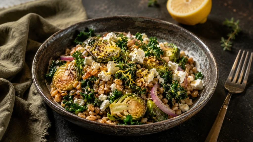 Bayerischer Reis mit Feta, Grünkohl, geröstetem Rosenkohl und roten Zwiebeln