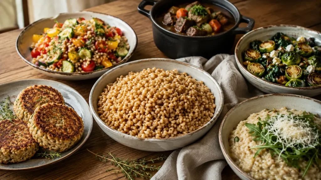 Bayerischer Reis mit Salat, Risotto, Pflanzerl und Eintopf
