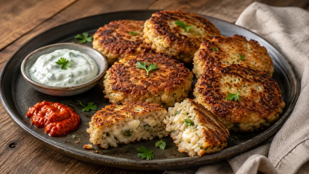 Reispflanzerl aus Bayerischem Reis mit Käse, Kräuterquark und Paprikadip