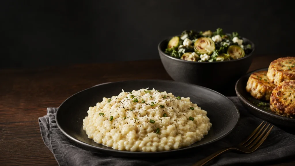 Bayerischer Reis Risotto mit Bergkäse, Rosenkohl, Grünkohl, Feta und Reispflanzerln