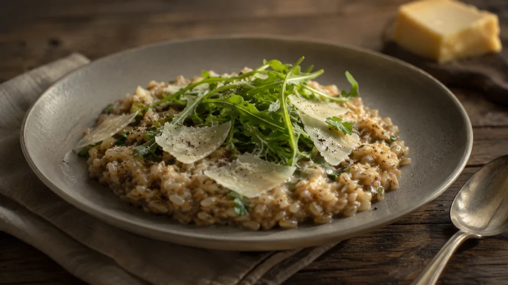 Bayerisches Risotto aus Bayerischem Reis mit Rucola und Bergkäse