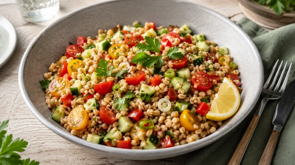 Bayerischer-Reis-Salat mit Gurke, Tomaten, Paprika, Frühlingszwiebeln und Petersilie