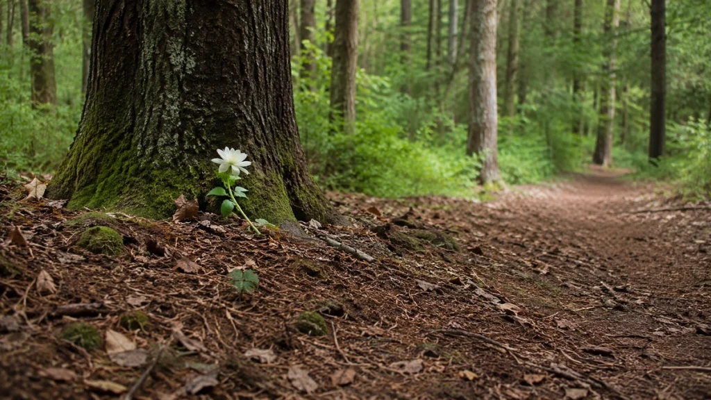 Natürliche Waldbestattung mit weißer Blume am Fuß eines Baumes