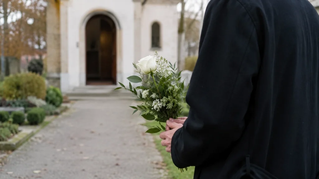 Weiße Blumen zur Beerdigung in den Händen einer Person vor einer kleinen Kapelle