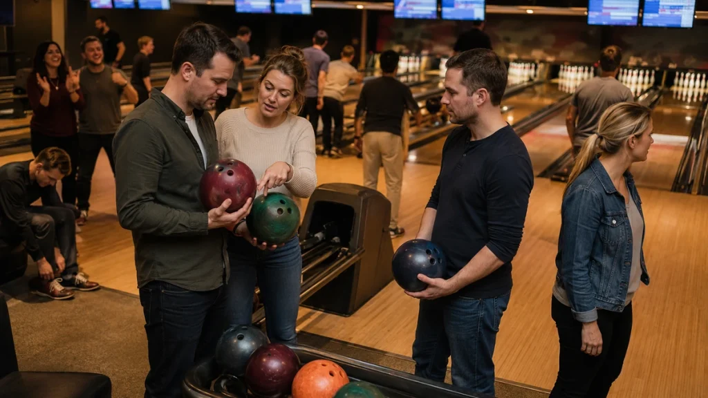Bowlingkugel für Anfänger wählen: Freunde vergleichen Gewicht und Fingerlöcher