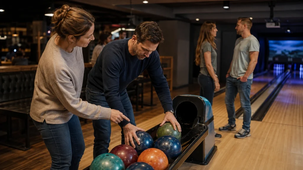 Bowling-Anfänger wählt mit Freunden eine passende leichtere Kugel