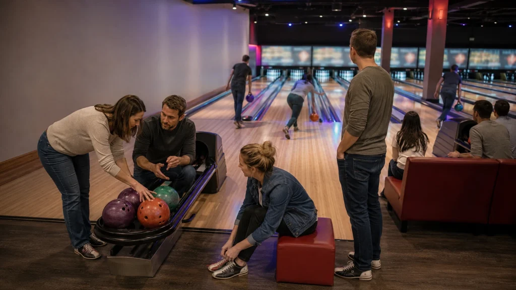 Bowling für Anfänger: Freunde wählen eine passende Kugel und bereiten sich auf den ersten Wurf vor