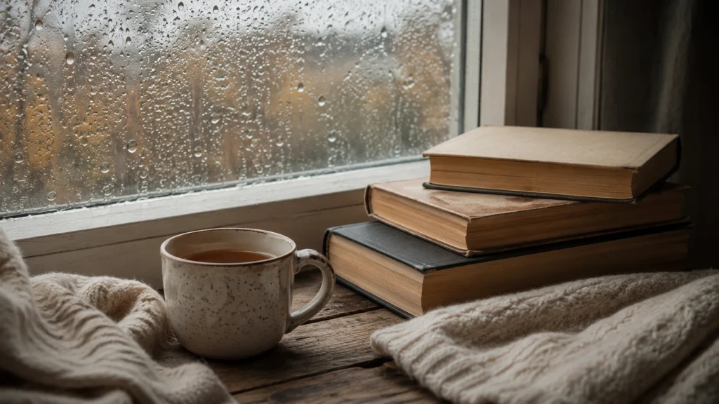 Bücher und Tee am Regenfenster als ruhige Szene zu Emotionen und reflektiertem Lesen