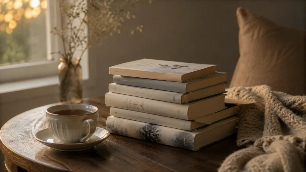 Bücherstapel mit Tee und Decke als ruhige Szene zu Emotionen, Lesen und Selbstreflexion