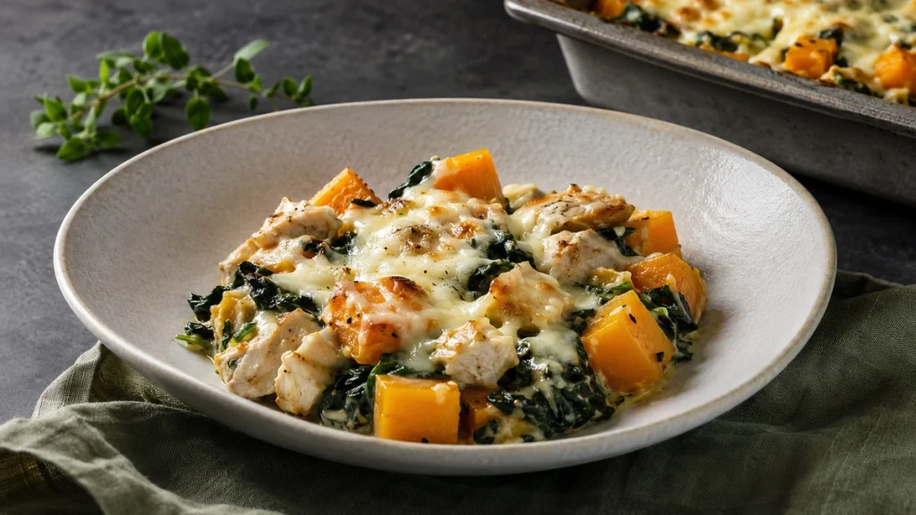 Low-Carb Butternut-Hähnchen-Auflauf mit Spinat und Mozzarella als Portion