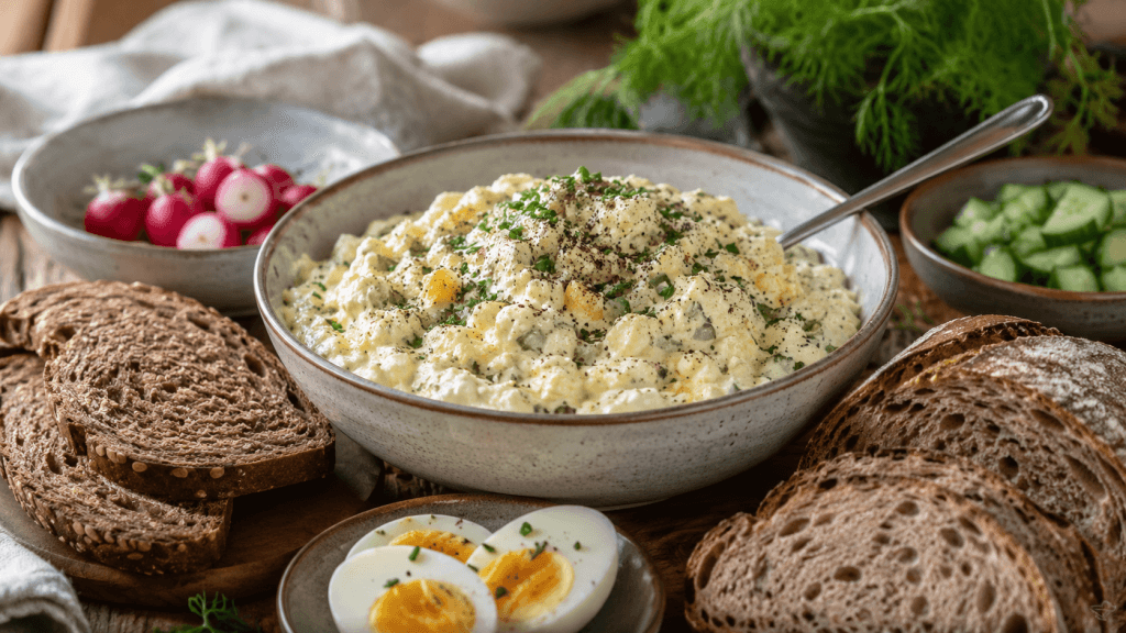 Cremiger Eiersalat mit Skyr in einer Keramikschüssel, dazu Roggenbrot, Eierhälften, Gurken, Radieschen und Dill.