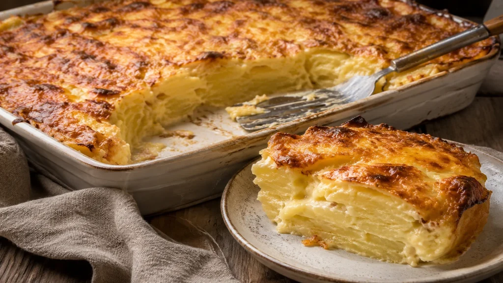 Goldbraunes Kartoffelgratin mit angeschnittener Form und einer Portion auf dem Teller