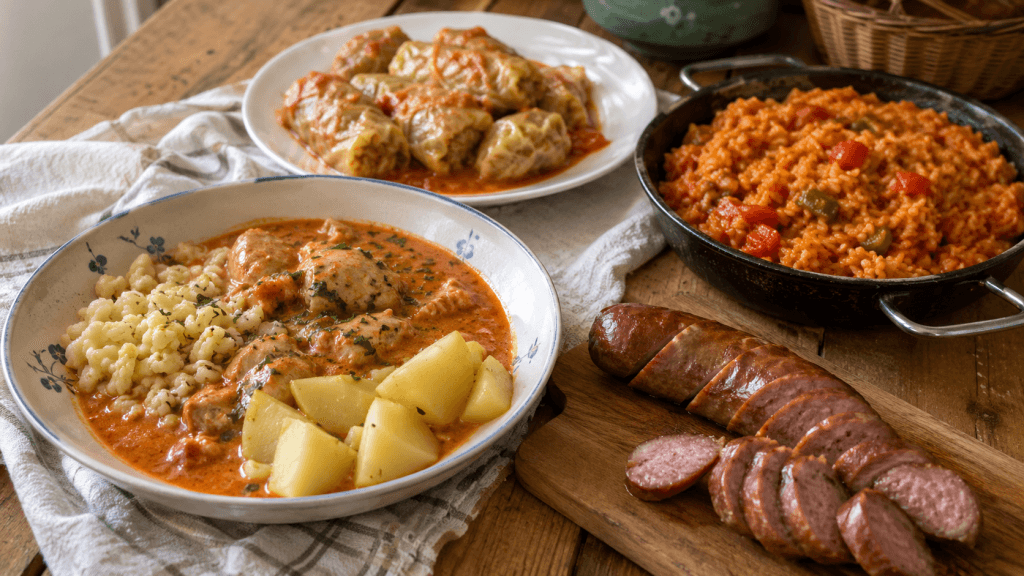 Donauschwaben Rezepte aus Banat, Batschka und Ungarn mit Sarma, Hühnerpaprikasch, Juwetsch und Bratwurst auf einem rustikalen Tisch