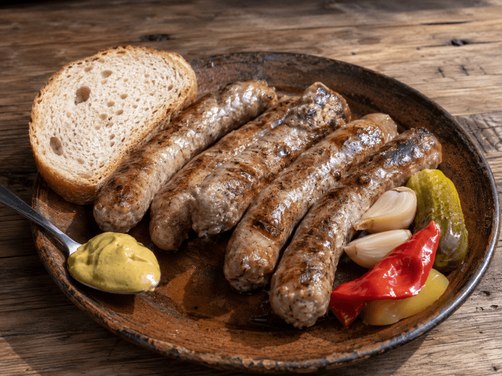 Donauschwaben Rezepte mit Banater Bratwurst, Brot, Senf und eingelegtem Gemüse